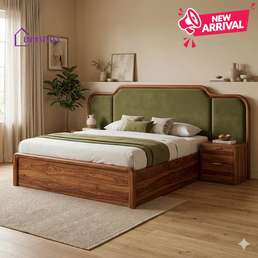Zoya Premium Sheesham Wood Bed with Velvet Headboard