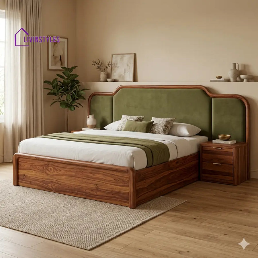 Zoya Premium Sheesham Wood Bed with Velvet Headboard