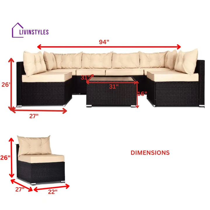 Zullo Outdoor Sofa Set 4 Seater 2 Single seater and 1 Center Table (Black + Tan) - Sofa Sets