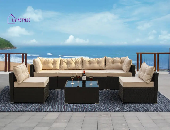 Zullo Outdoor Sofa Set 4 Seater 2 Single seater and 1 Center Table (Black + Tan) - Sofa Sets
