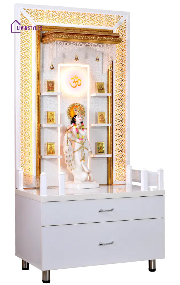 Zuri Designer Large Wooden Mandir with Floating Shelves in Hi Gloss White Colour Mandir