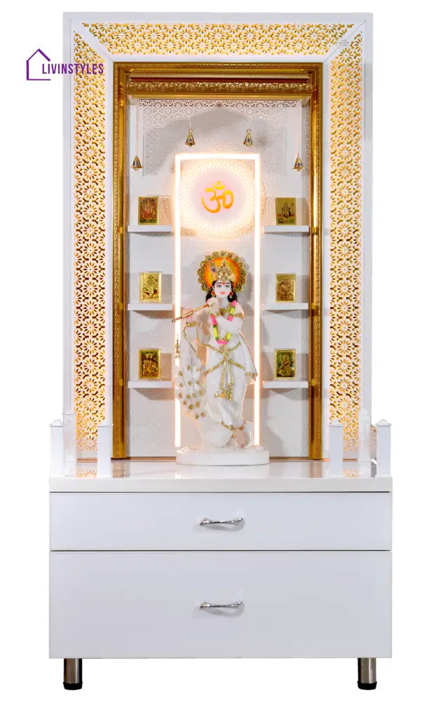 Zuri Designer Large Wooden Mandir with Floating Shelves in Hi Gloss White Colour Mandir