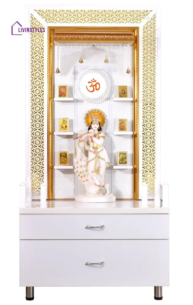 Zuri Designer Large Wooden Mandir with Floating Shelves in Hi Gloss White Colour Mandir