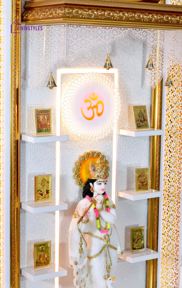 Zuri Designer Large Wooden Mandir with Floating Shelves in Hi Gloss White Colour Mandir
