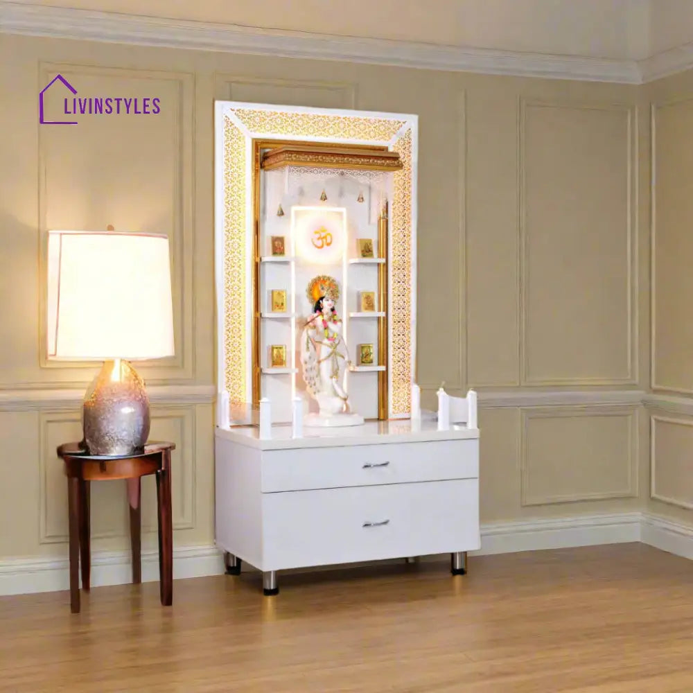 Zuri Designer Large Wooden Mandir with Floating Shelves in Hi Gloss White Colour Mandir