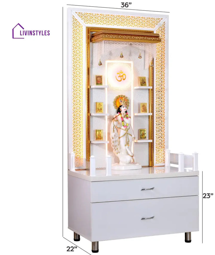 Zuri Designer Large Wooden Mandir with Floating Shelves in Hi Gloss White Colour Mandir