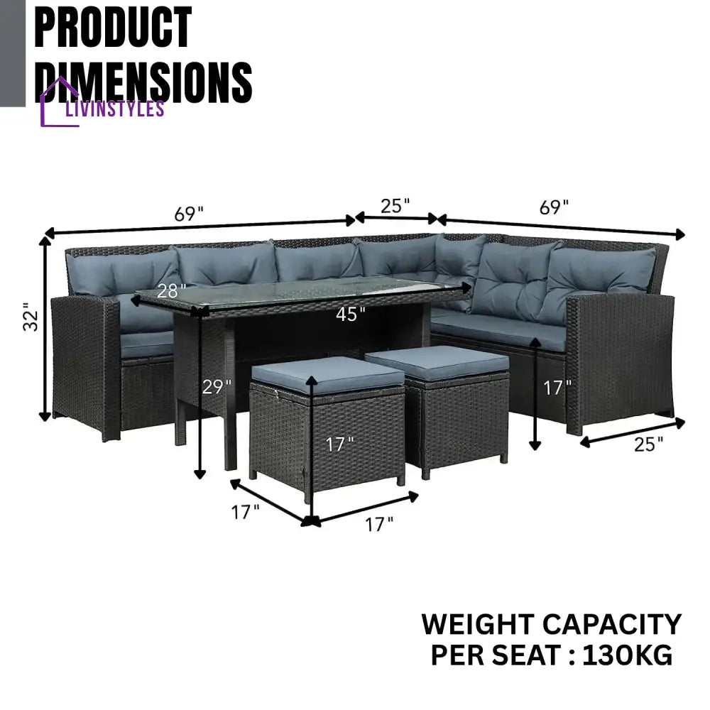 Zuzanna 5-Piece Wicker Patio Conversation Set (Dark Brown/ Cyan Blue) - Sofa Set