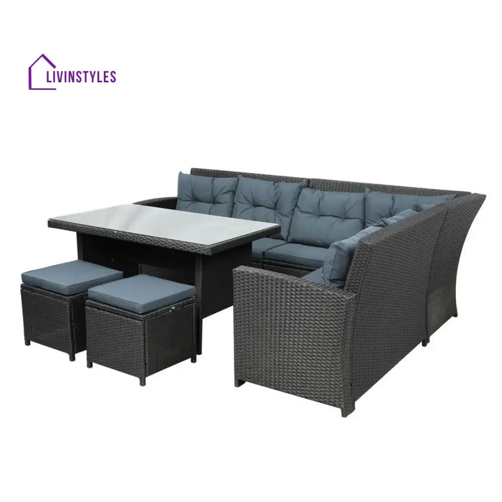 Zuzanna 5-Piece Wicker Patio Conversation Set (Dark Brown/ Cyan Blue) - Sofa Set