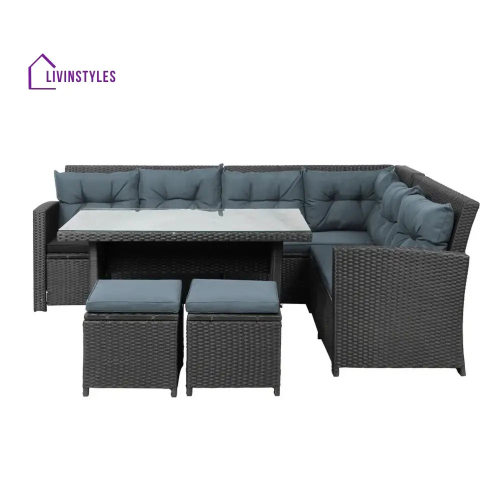 Zuzanna 5-Piece Wicker Patio Conversation Set (Dark Brown/ Cyan Blue) - Sofa Set