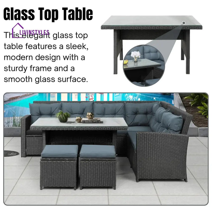 Zuzanna 5-Piece Wicker Patio Conversation Set (Dark Brown/ Cyan Blue) - Sofa Set