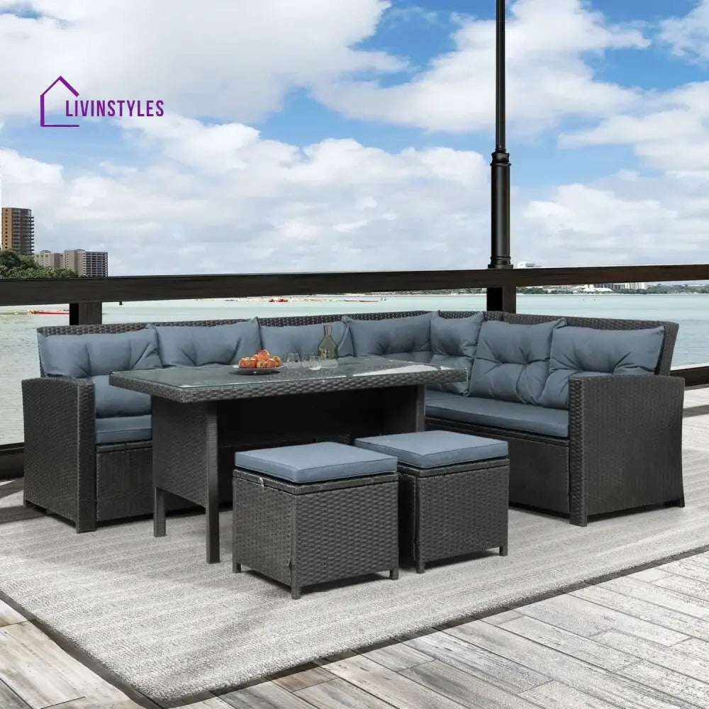 Zuzanna 5-Piece Wicker Patio Conversation Set (Dark Brown/ Cyan Blue) - Sofa Set