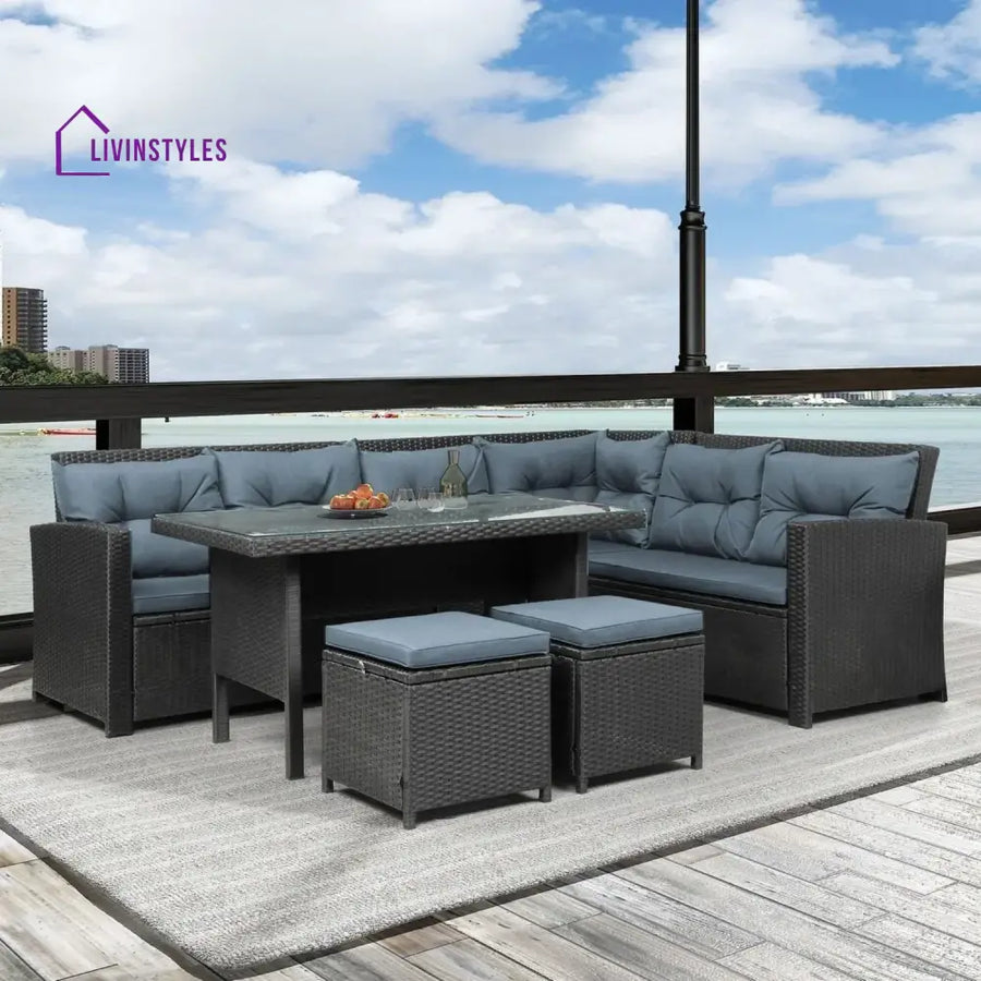 Zuzanna 5-Piece Wicker Patio Conversation Set (Dark Brown/ Cyan Blue) - Sofa Set