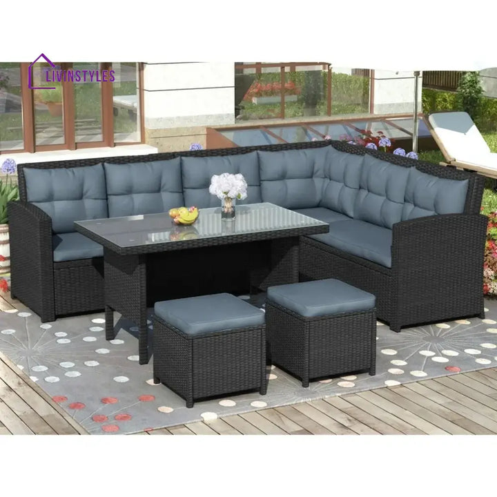Zuzanna 5-Piece Wicker Patio Conversation Set (Dark Brown/ Cyan Blue) - Sofa Set