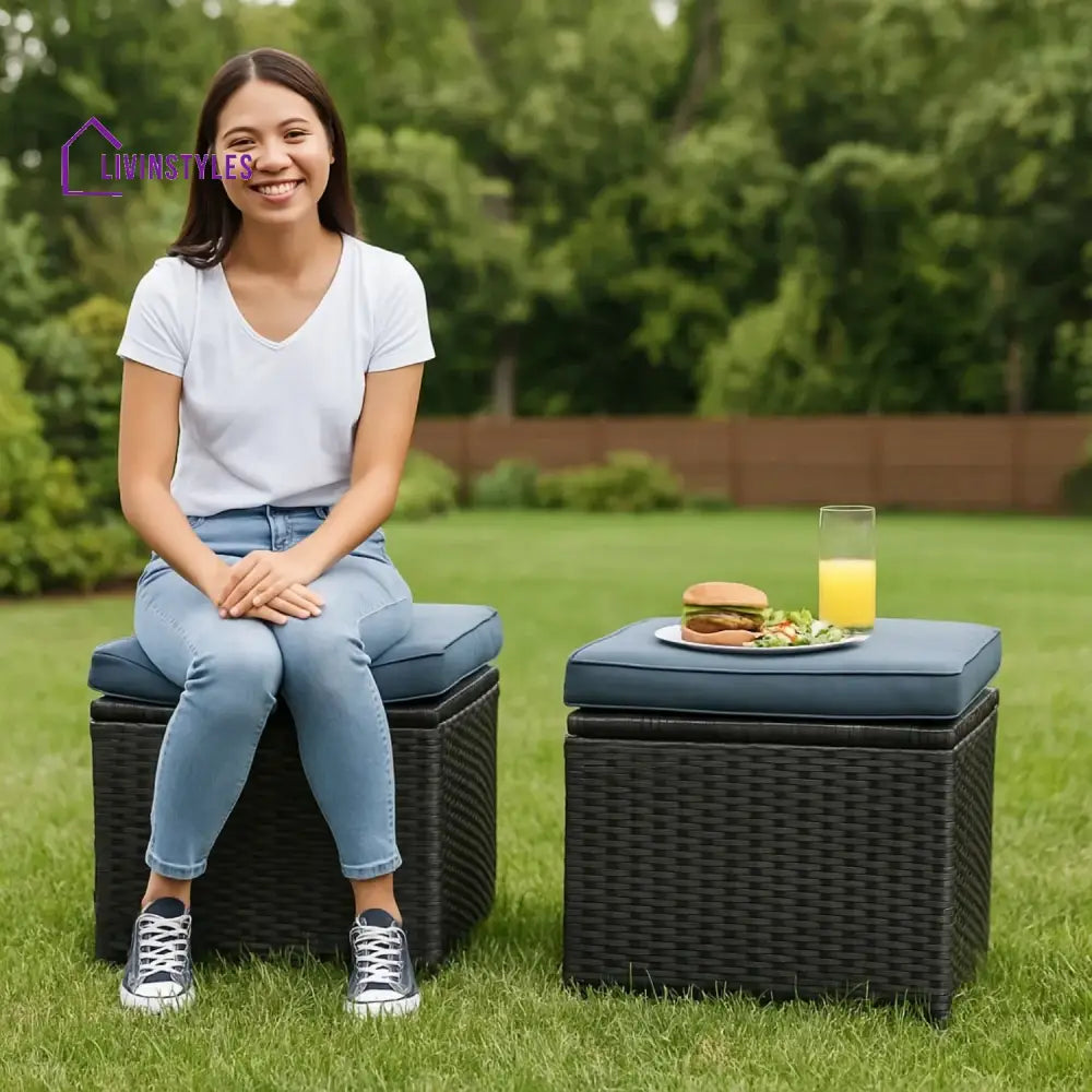 Zuzanna 5-Piece Wicker Patio Conversation Set (Dark Brown/ Cyan Blue) - Sofa Set