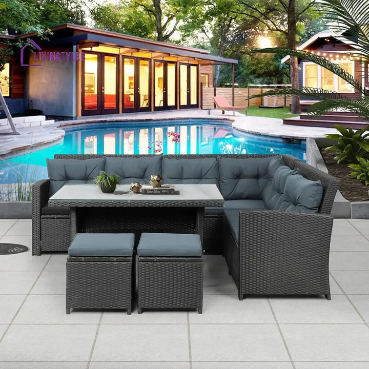 Zuzanna 5-Piece Wicker Patio Conversation Set (Dark Brown/ Cyan Blue) - Sofa Set