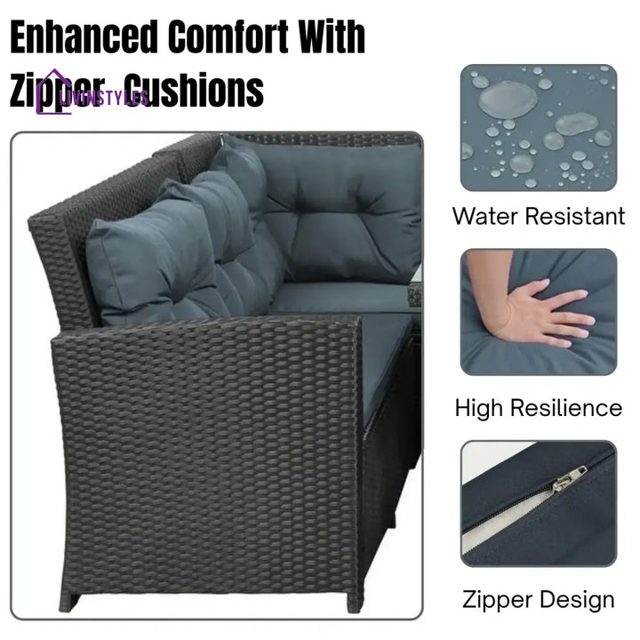 Zuzanna 5-Piece Wicker Patio Conversation Set (Dark Brown/ Cyan Blue) - Sofa Set