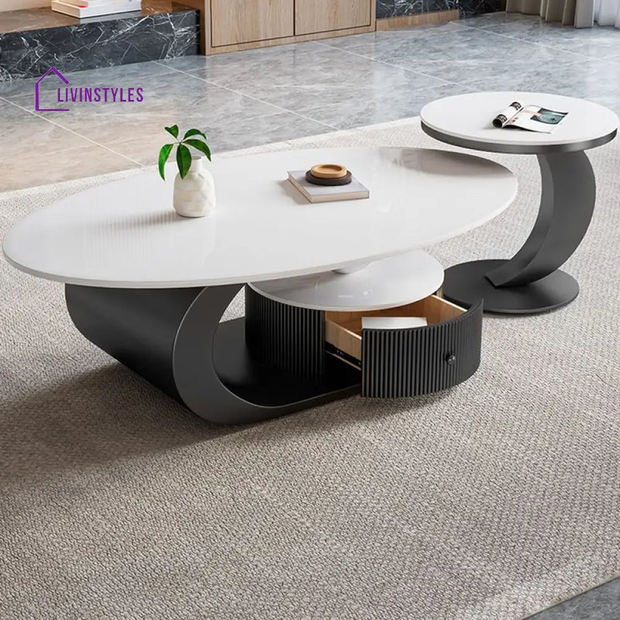 Zyra Coffee Table | Stainless Steel and MDF | Composite Ceramic Marble | Oval Shaped