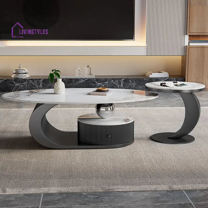 Zyra Coffee Table | Stainless Steel and MDF | Composite Ceramic Marble | Oval Shaped